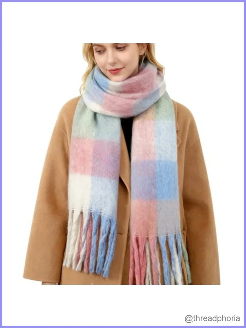 Chunky Plaid Blanket Shawl Scarf Wrap with Tassels | Winter Warm Cold Weather